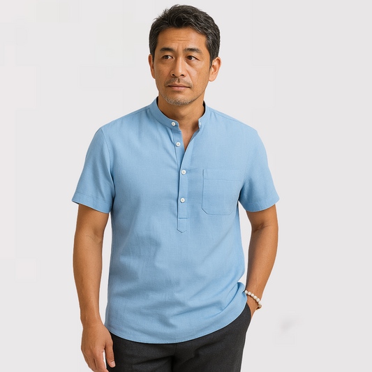 綿麻胸ポケット付き半袖ヘンリーネックシャツ