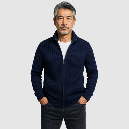 コットンリブ編み長袖ニットカーディガン