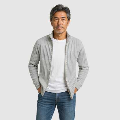 コットンリブ編み長袖ニットカーディガン
