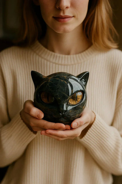 神秘的な黒猫の卓上彫刻オブジェ 光沢仕上げ